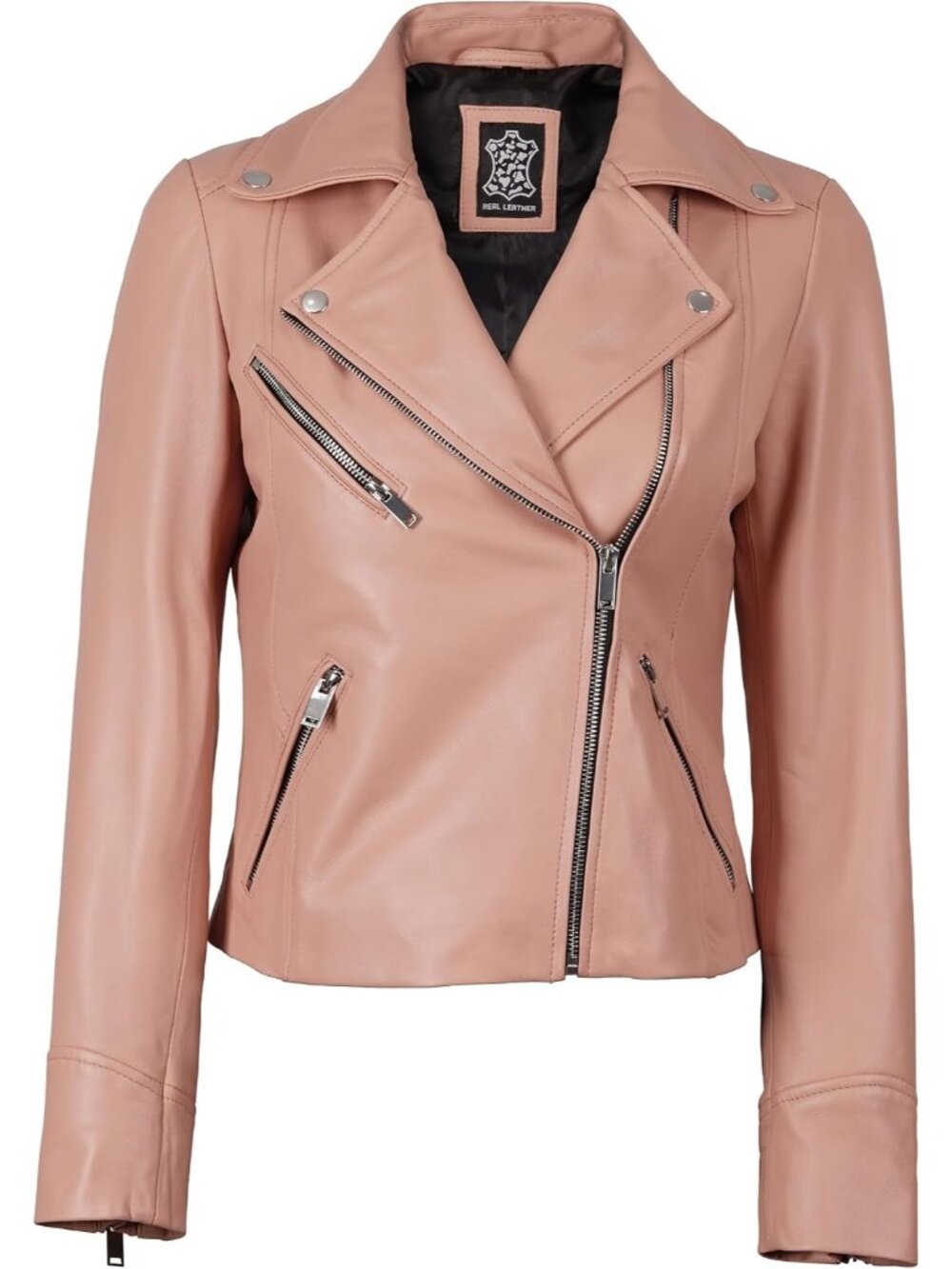 Women’s Real Lambskin Leather Asymmetrical Moto Biker Jacket-Pink